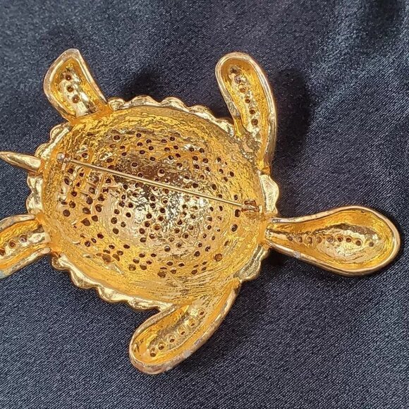 Vintage Large Sea Turtle Pin Gold tone Enamel Rhinestones Brooch - Picture 9 of 12